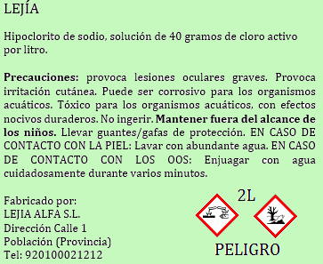 etiqueta de lejía. Hipoclorito de sodio. Frases R y S. Pictogramas. Etiquetas de los productos químicos del laboratorio